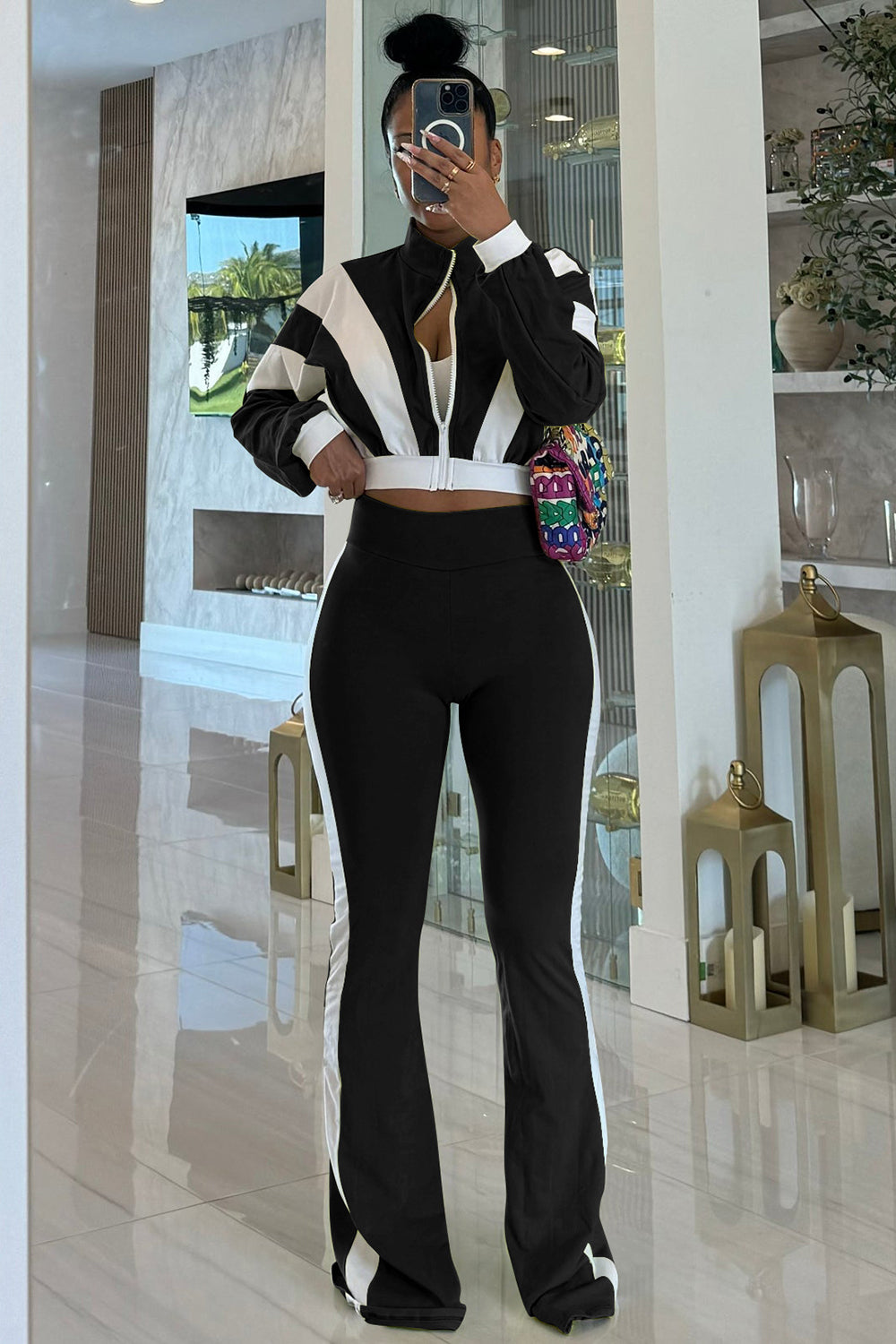 Stand-Up Collar Color Block Long Sleeve Top Flare Leg Pants 2pcs Set-Red