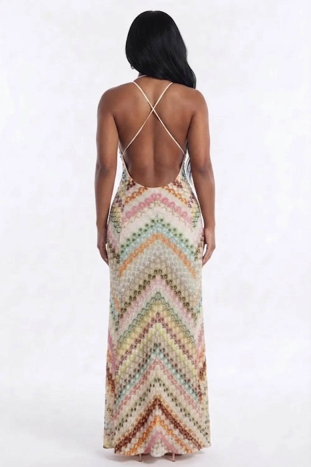 Colorblock Halter V Neck Hollow Out Knit Backless Party Maxi Dresses-Pink