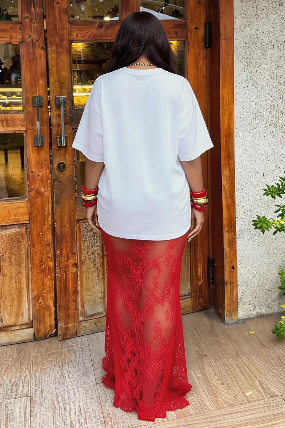 Round Neck Loose Fit Top Lace Maxi Skirt Casual 2pcs Set-Red