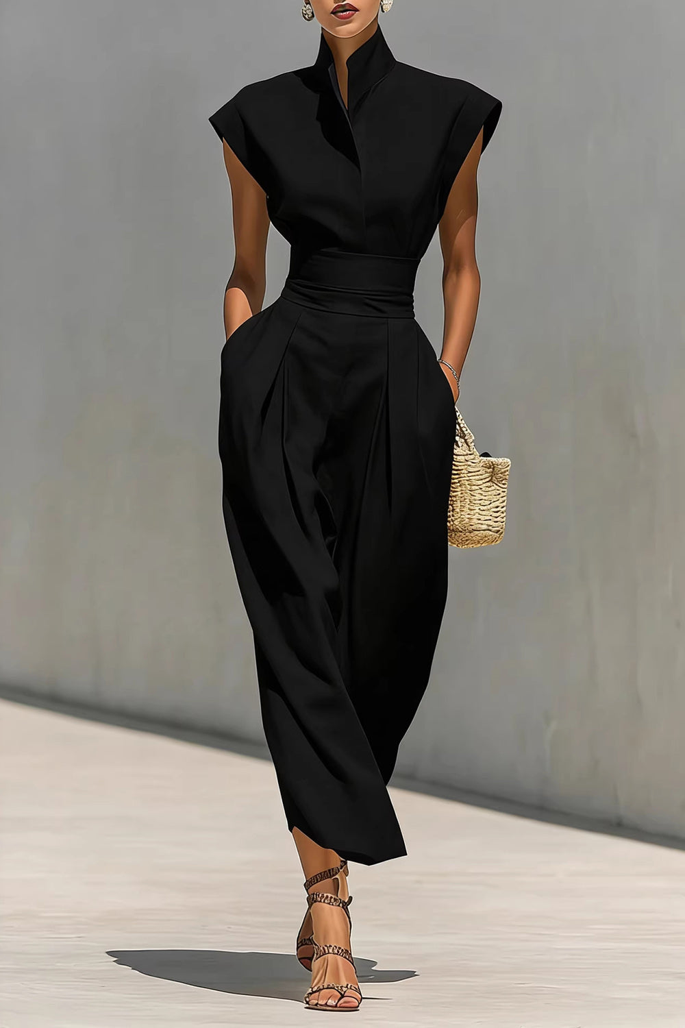 Stand-Up Collar Sleeveless Cinch High Waist Solid Color Maxi Dresses-White
