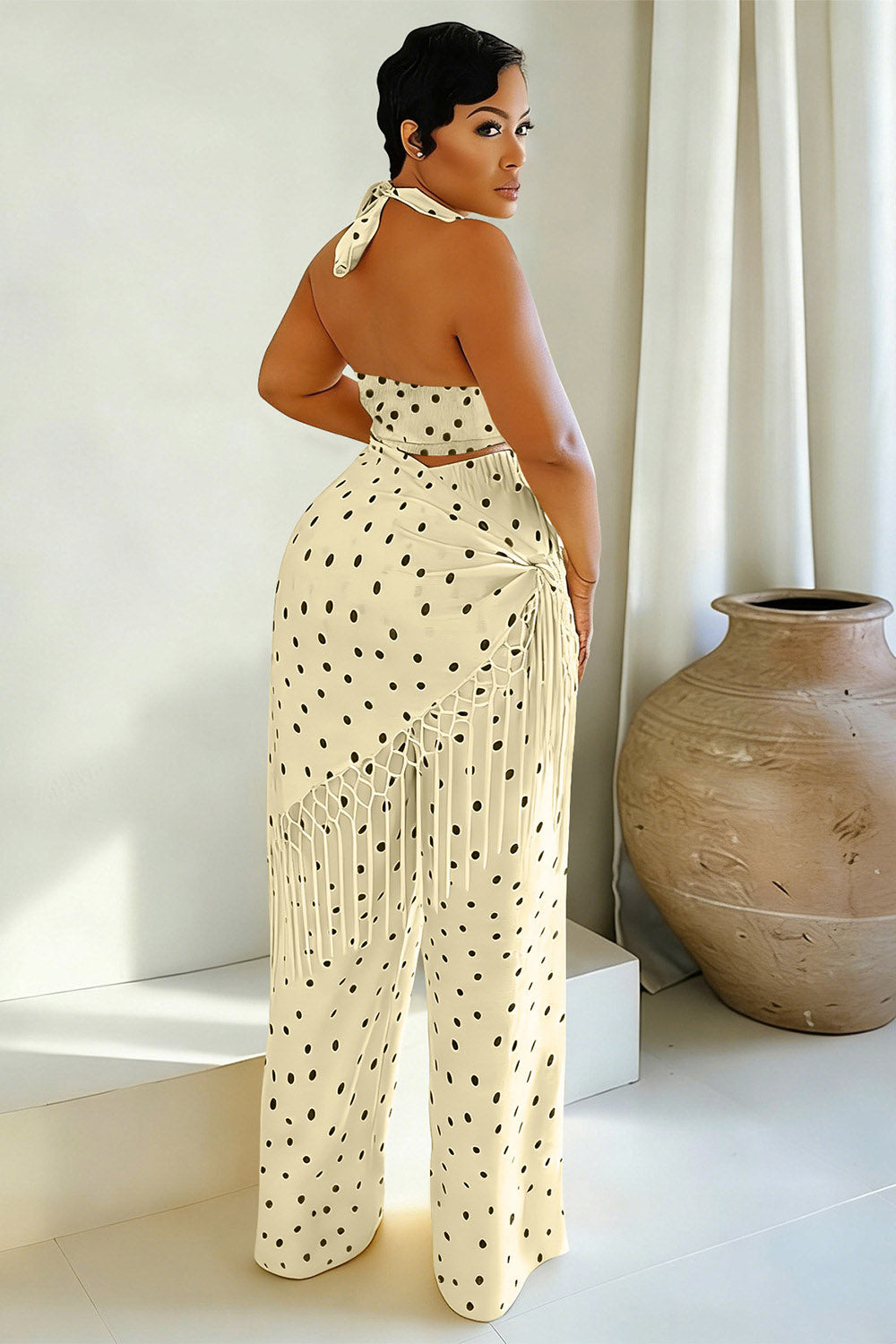 Polka Dot Halter Crop Top Pants Fringe Detachable Mini Skirt 3pcs Set-Yellow