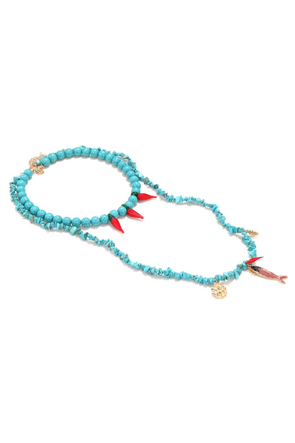Stacked Turquoise Beaded Chili Fish Pendant Double-Layer Necklace