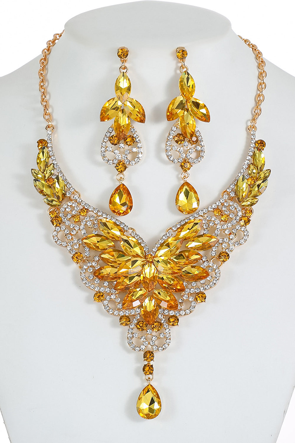 Formal Water Droplet Shaped Pendant Crystal Necklace Earrings Jewelry Set