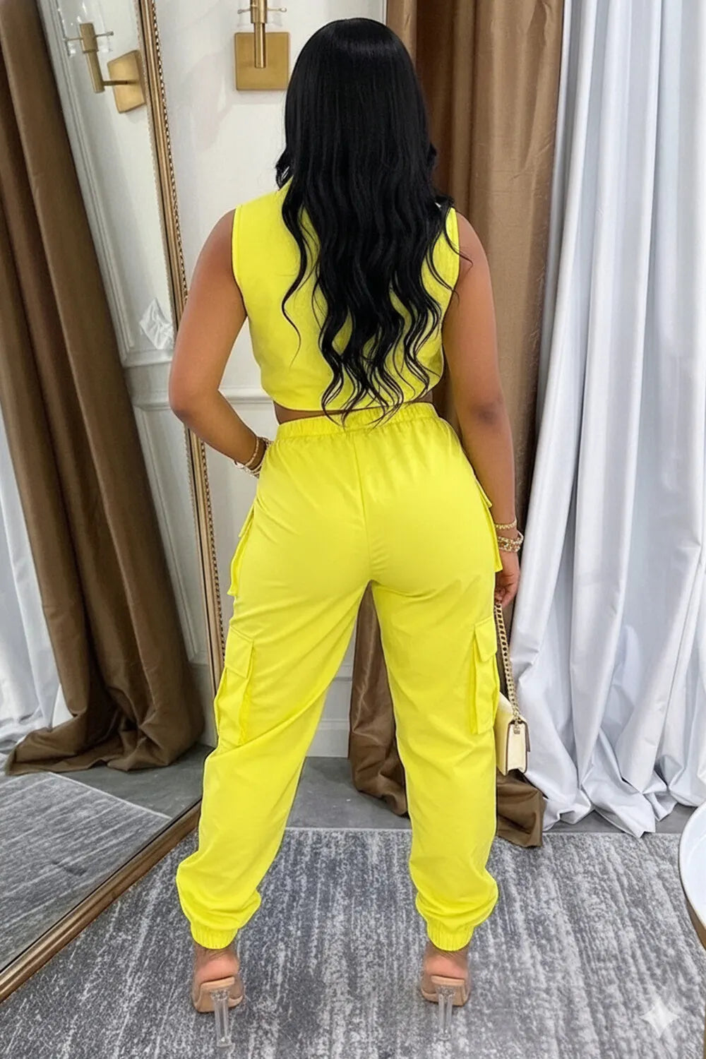 Sleeveless Button Waist Cut Out Cargo Casual Jumpsuit-Yellow