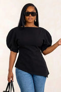 Solid Color Round Neck Bubble Sleeve Cinch Waist Irregular Hem Top-Black