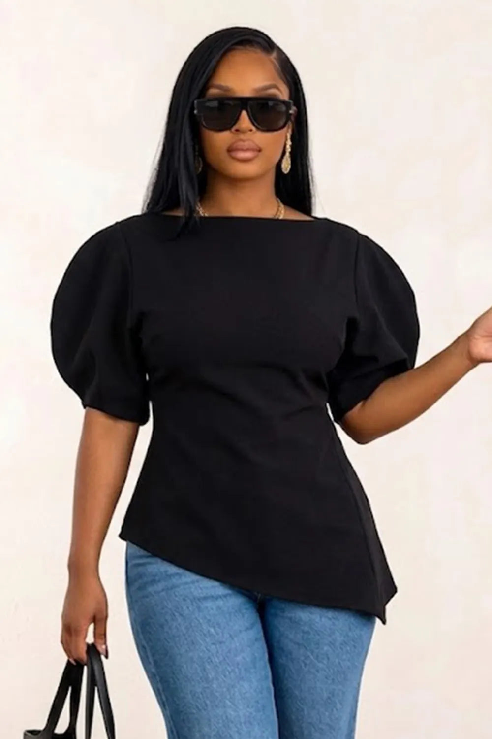 Solid Color Round Neck Bubble Sleeve Cinch Waist Irregular Hem Top-Black