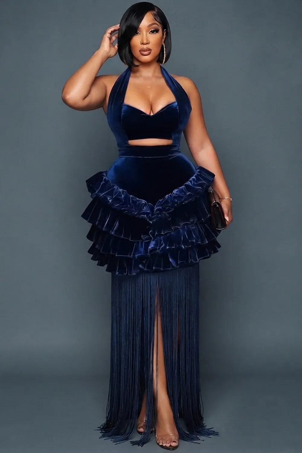 Halter Cut Out Tiered Ruffle Long Fringe Gowns Maxi Dresses-Blue