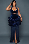 Halter Cut Out Tiered Ruffle Long Fringe Gowns Maxi Dresses-Blue