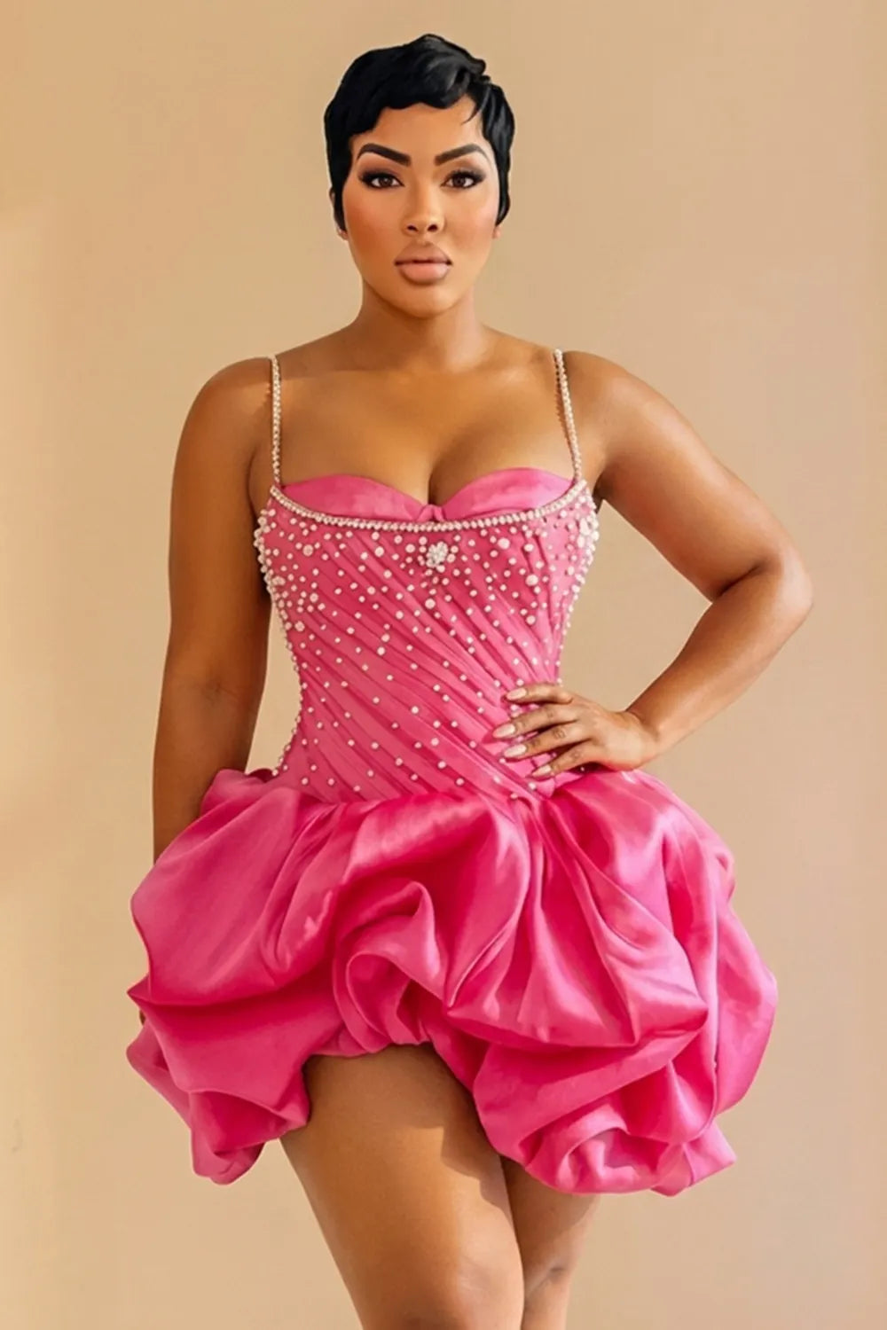 Cami Neck Rhinestone Bubble Hem Party Mini Dresses-Fuchsia