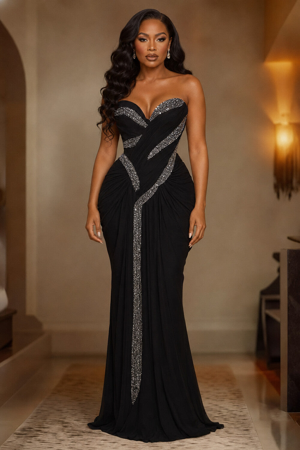 Strapless Rhinestone Decor Ruched Cinch Waist Maxi Dresses-Black