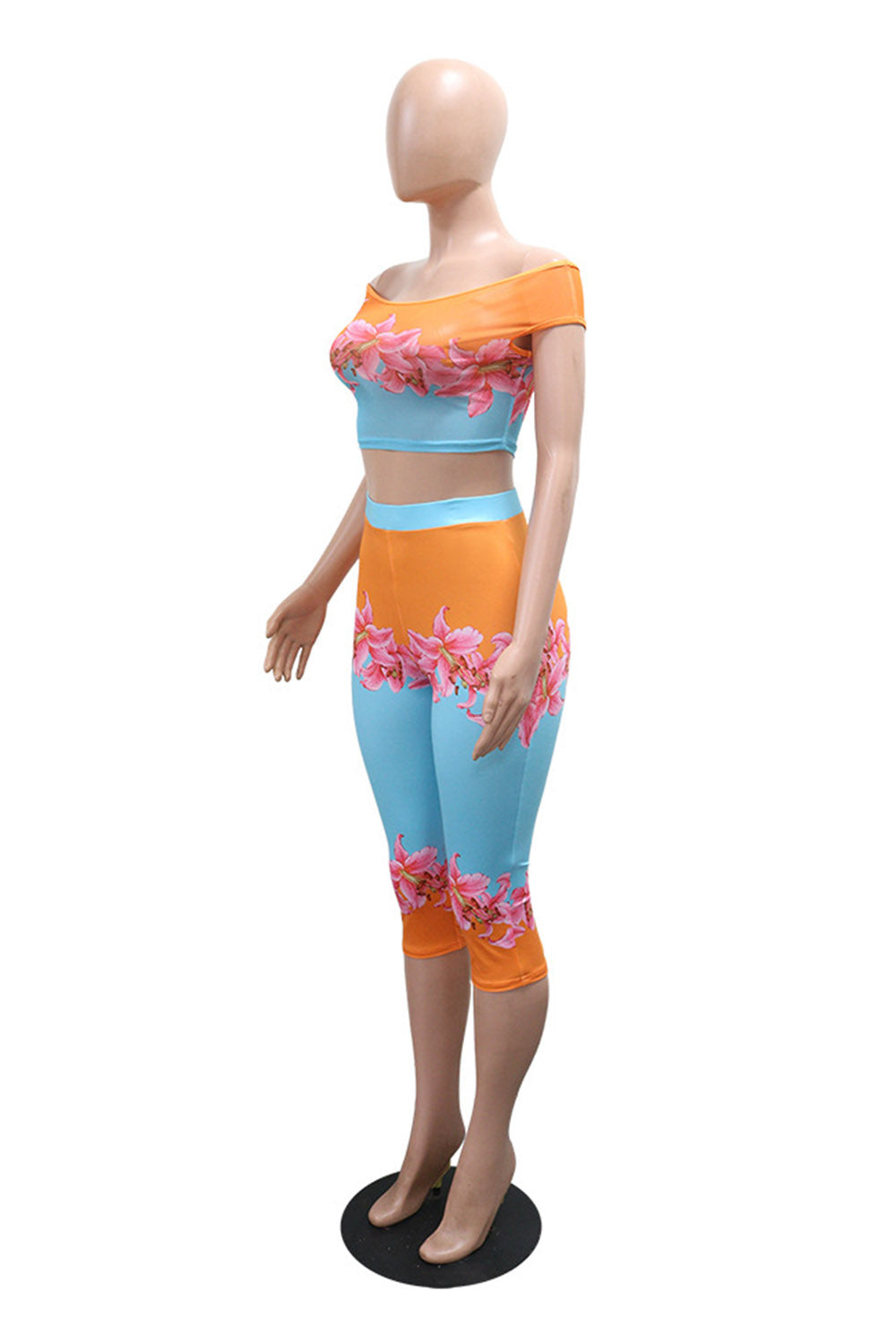 Floral Print Dropped Shoulder Crop Top High Waist Capri Pants 2pcs Set-Orange