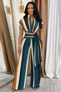 Colorblock  Collar Sash Wide Leg Jumpsuit