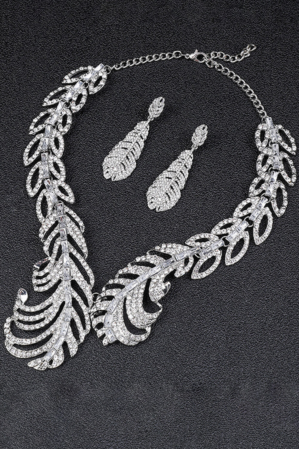 Rhinestones Asymmetric Feather Shaped Drop Earrings Necklace Jewelry Set