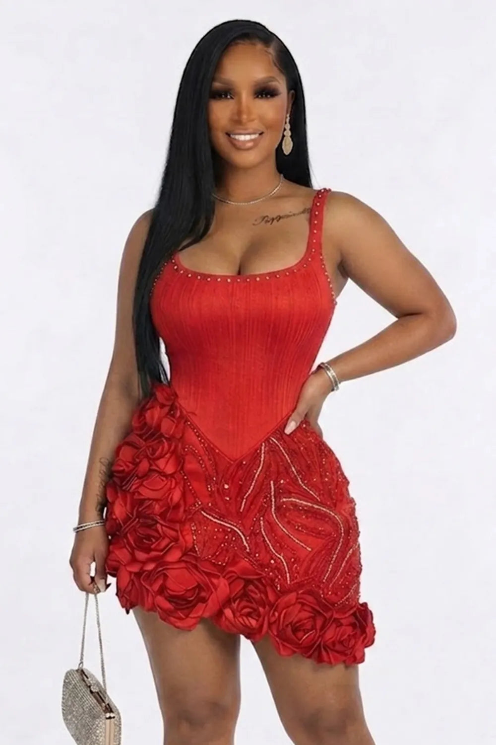 Wide Strap Sequin Rhinestone 3D Floral Irregular Hem Bodycon Mini Dresses-Red