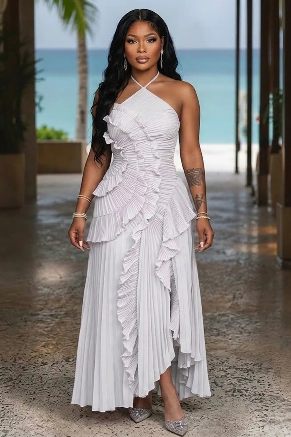 Halter Neck Pleated Irregular Hem Slit Vacation Maxi Dresses-Purple