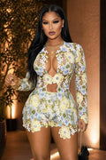 Lace Applique Hollow Long Sleeve Top Shorts 2pcs Set