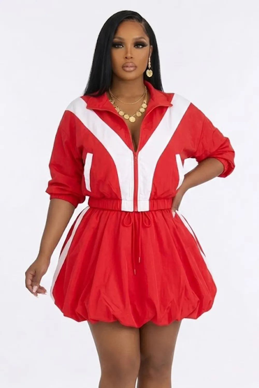 Contrast  Collar Zipper Top Drawstring Puff Mini Skirt 2pcs Set-Red