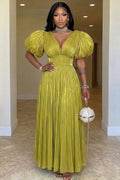 V Neck Puff Sleeve Cinch Waist Ruffle Gowns Maxi Dresses-Green
