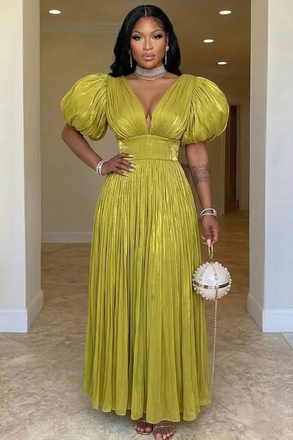 V Neck Puff Sleeve Cinch Waist Ruffle Gowns Maxi Dresses-Green