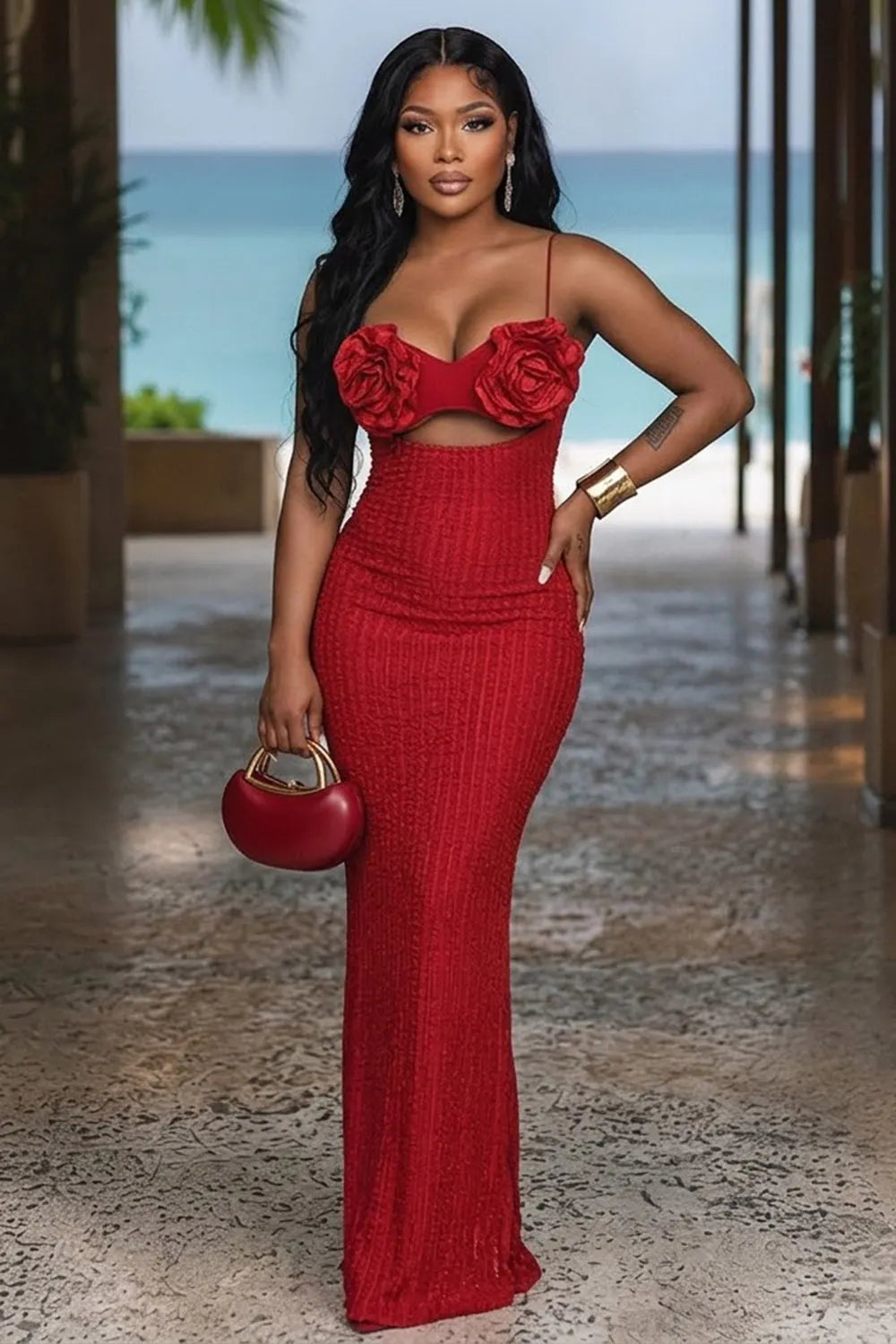 3D Floral Spaghetti Strap Cut Out Slit Hem Bodycon Vacation Maxi Dresses-Pink