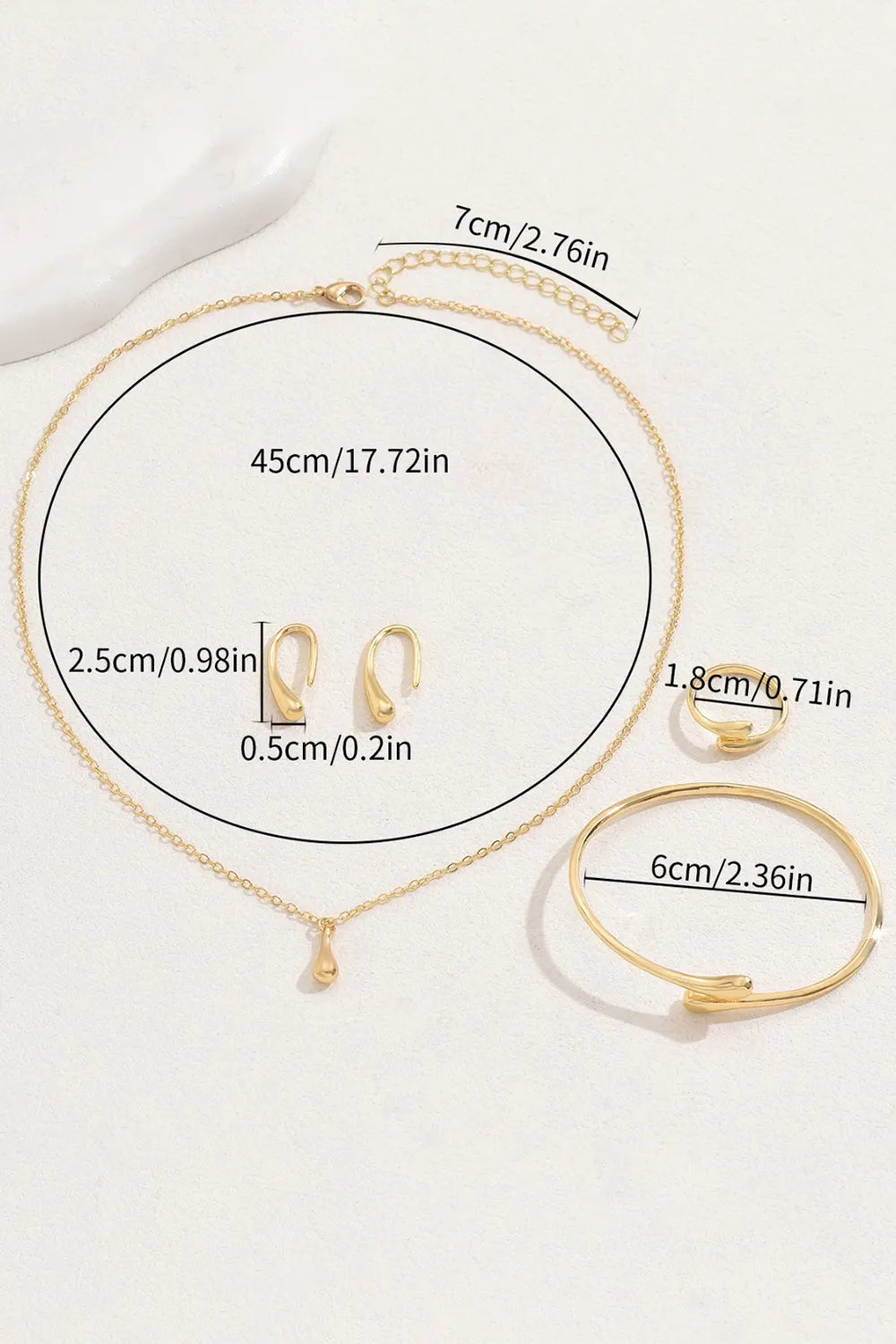 Water Droplet Shaped Earrings Necklace Adjustable Bracelet Ring Jewelry Set
