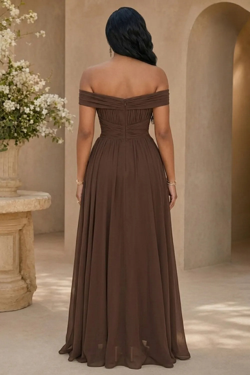 Off Shoulder Cinch Waist Ruffle Hem Wedding Maxi Dresses-Brown