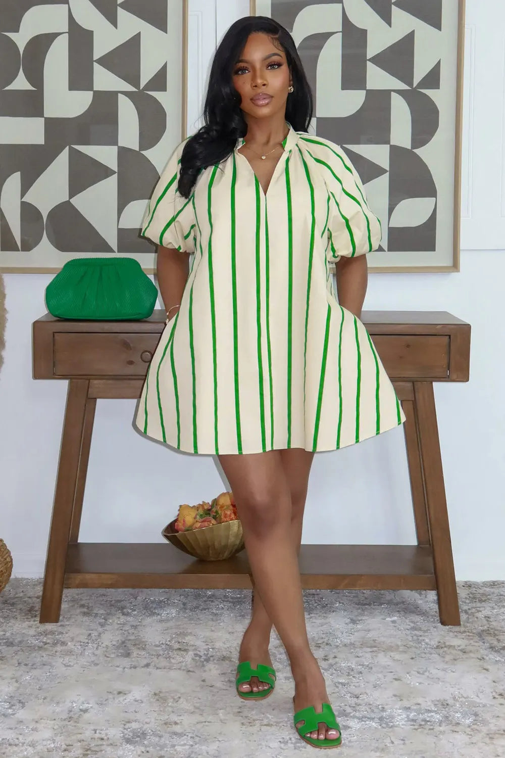 V Neck Puff Sleeve Striped Loose Fit Casual Mini Dresses-Green