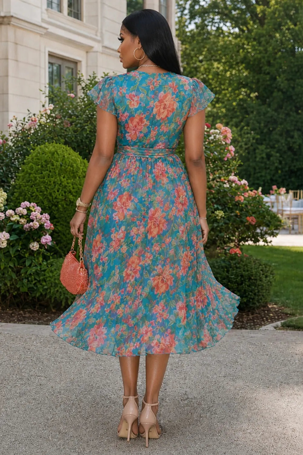 Floral Crossover V Neck Ruffle Sleeve Tie Midi Dresses-Turquoise
