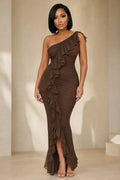 Oblique Collar Ruched Ruffle Trim Split Slim Maxi Dresses-Brown