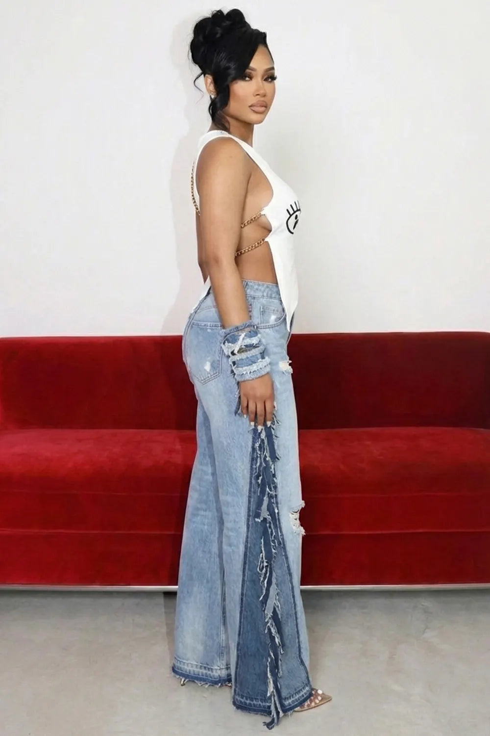Ripped Fringed Wide-Leg Pant-Blue