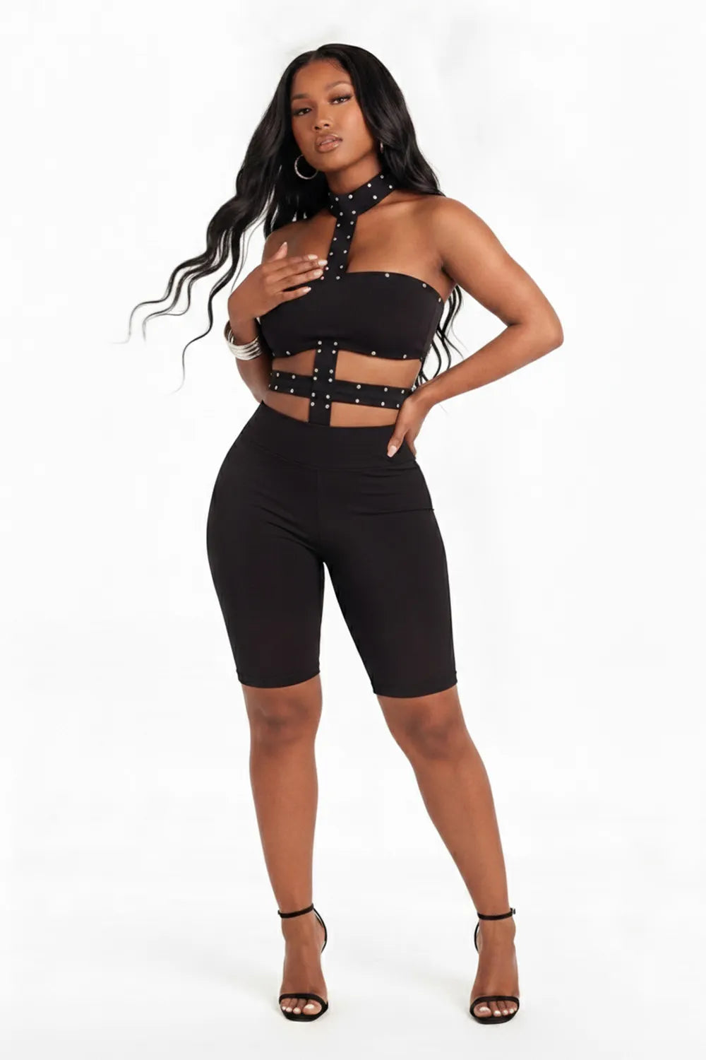 Halter Neck Pearl Decor Sleeveless Solid Color Cut Out Capris Jumpsuit-Black