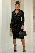 V Neck Long Sleeve Bodycon Flocking Casual Midi Dresses-Black