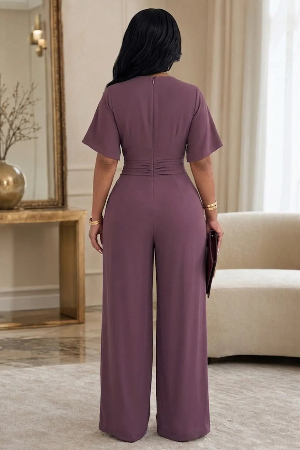 Crossover V Neck Short Sleeve Ruched Wide Leg Jumpsuit-Purple