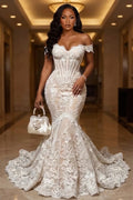 Off Shoulder Floral Lace Corset Mermaid Gowns Maxi Dresses-White