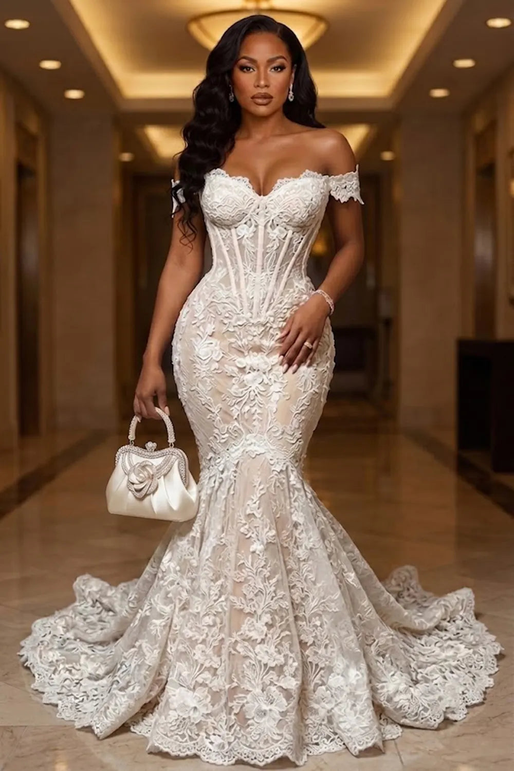 Off Shoulder Floral Lace Corset Mermaid Gowns Maxi Dresses-White