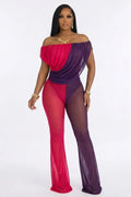 Off Shoulder Colorblock See Through Mash Draped Slim Jumpsuit-Purple
