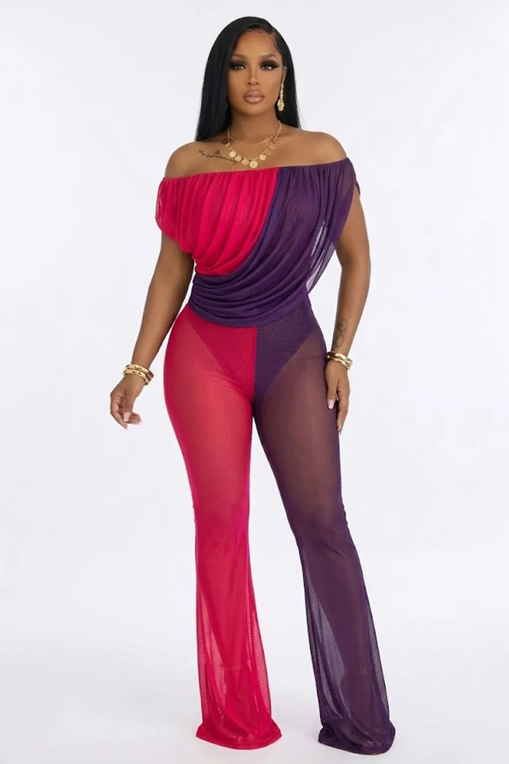 Off Shoulder Colorblock See Through Mash Draped Slim Jumpsuit-Purple