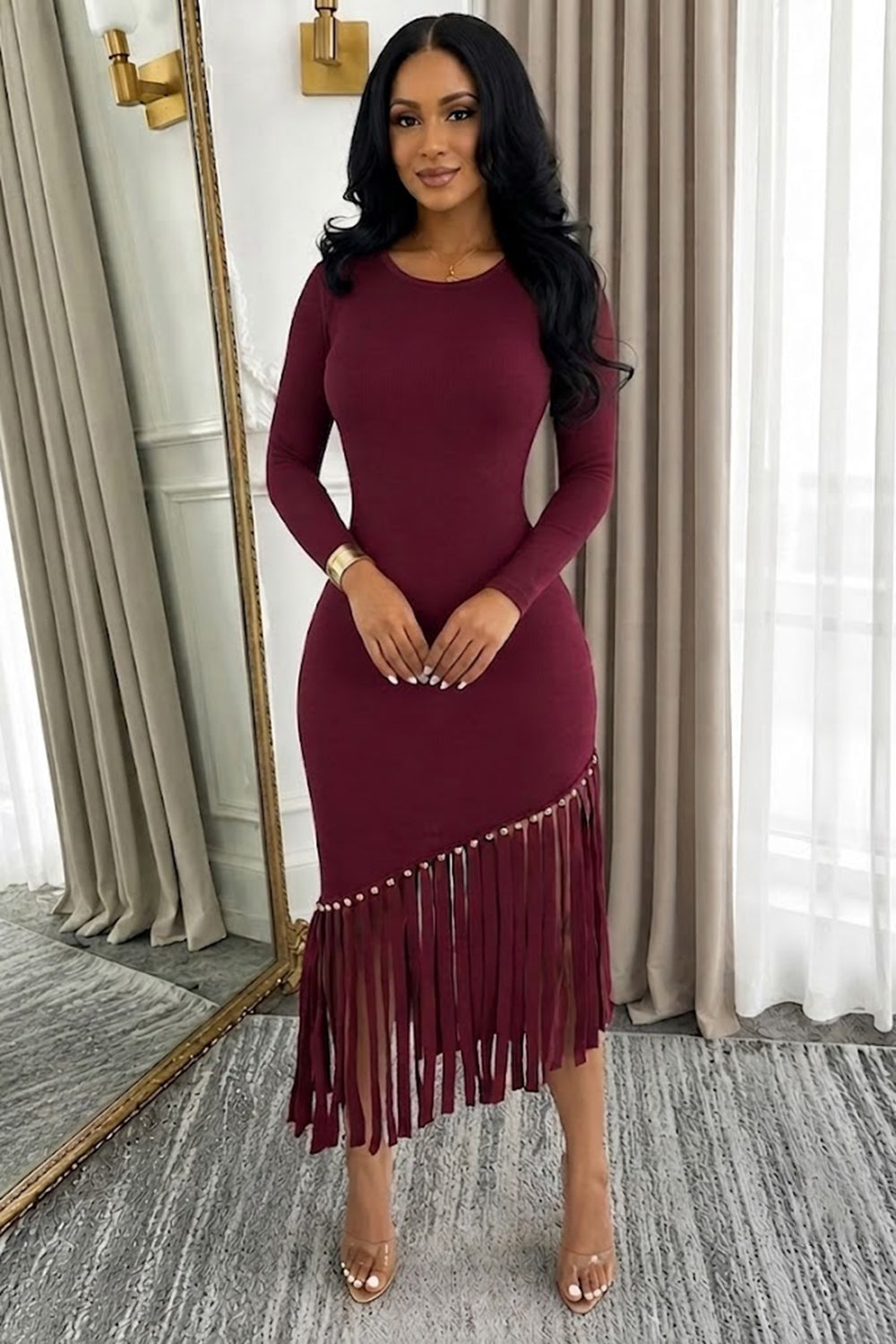 Round Neck Long Sleeve Fringe Hem Bodycon Ribbed Knit Midi Dresses-Blue