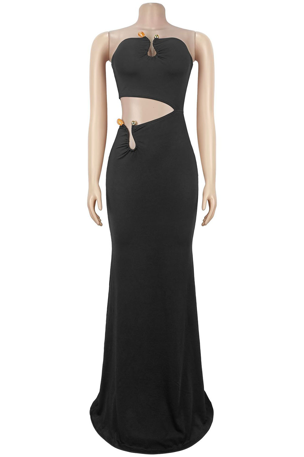 Strapless Waist Cut Out Bead Decor Ruched Fishtail Party Maxi Dresses-White