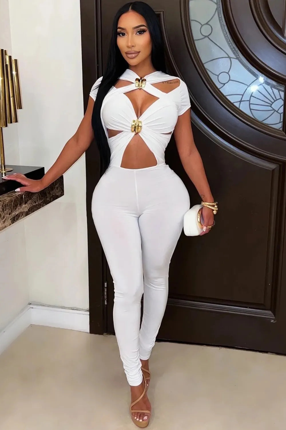 Front Cut Out Metal Buckle Decor Skinny Casual Jumpsuit-White