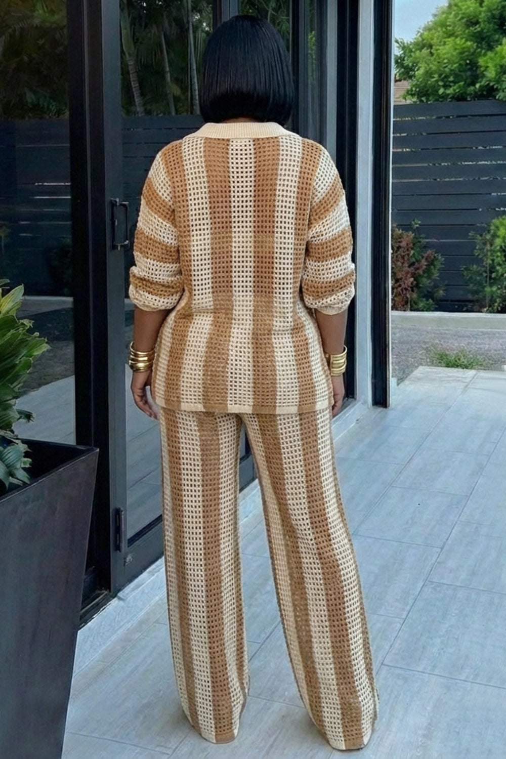 Striped Crochet  Collar Shirt Pants 2pcs Set-Khaki
