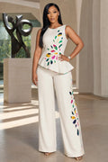 Contrast Floral Sleeveless Top Wide Leg Pants 2pcs Set-White