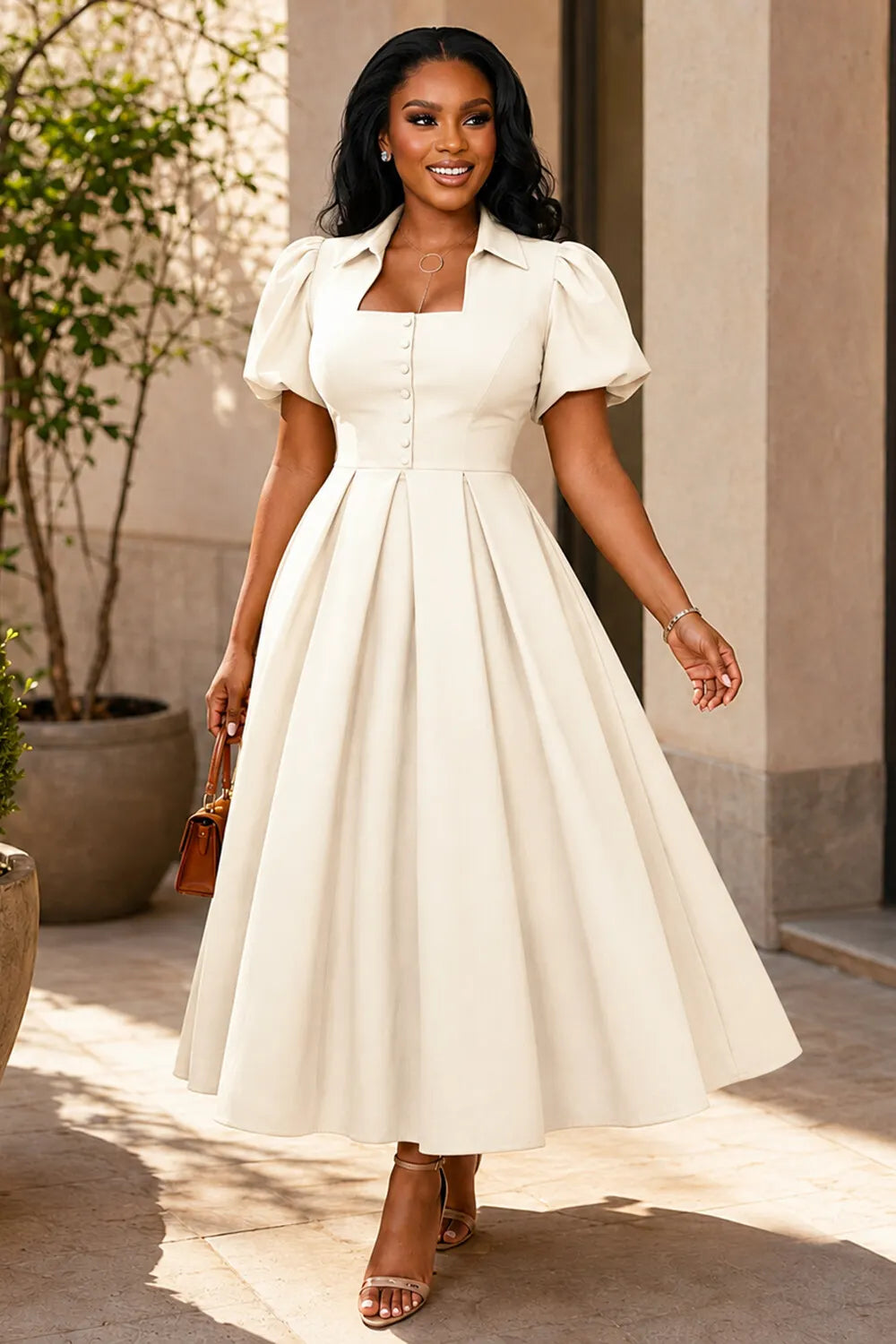 Bubble Sleeve Single Breasted A-Line Casual Maxi Dresses-Yellow