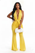 Cross Strap Backless Solid Color Sleeveless Ruched Slim Fit Jumpsuit-Yellow