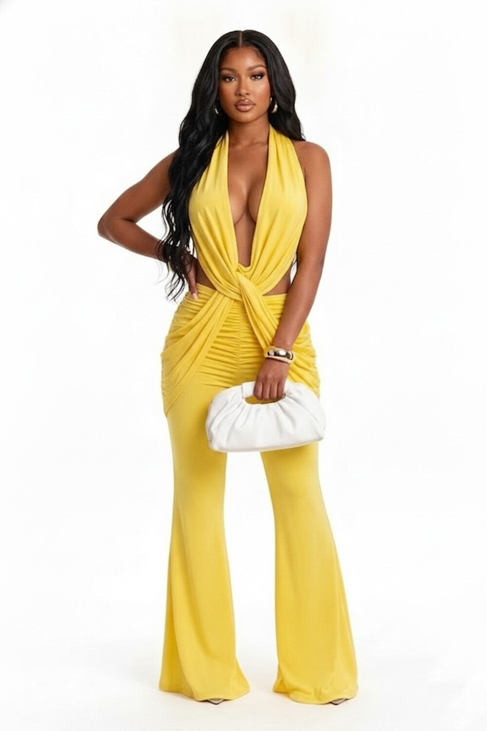 Cross Strap Backless Solid Color Sleeveless Ruched Slim Fit Jumpsuit-Yellow