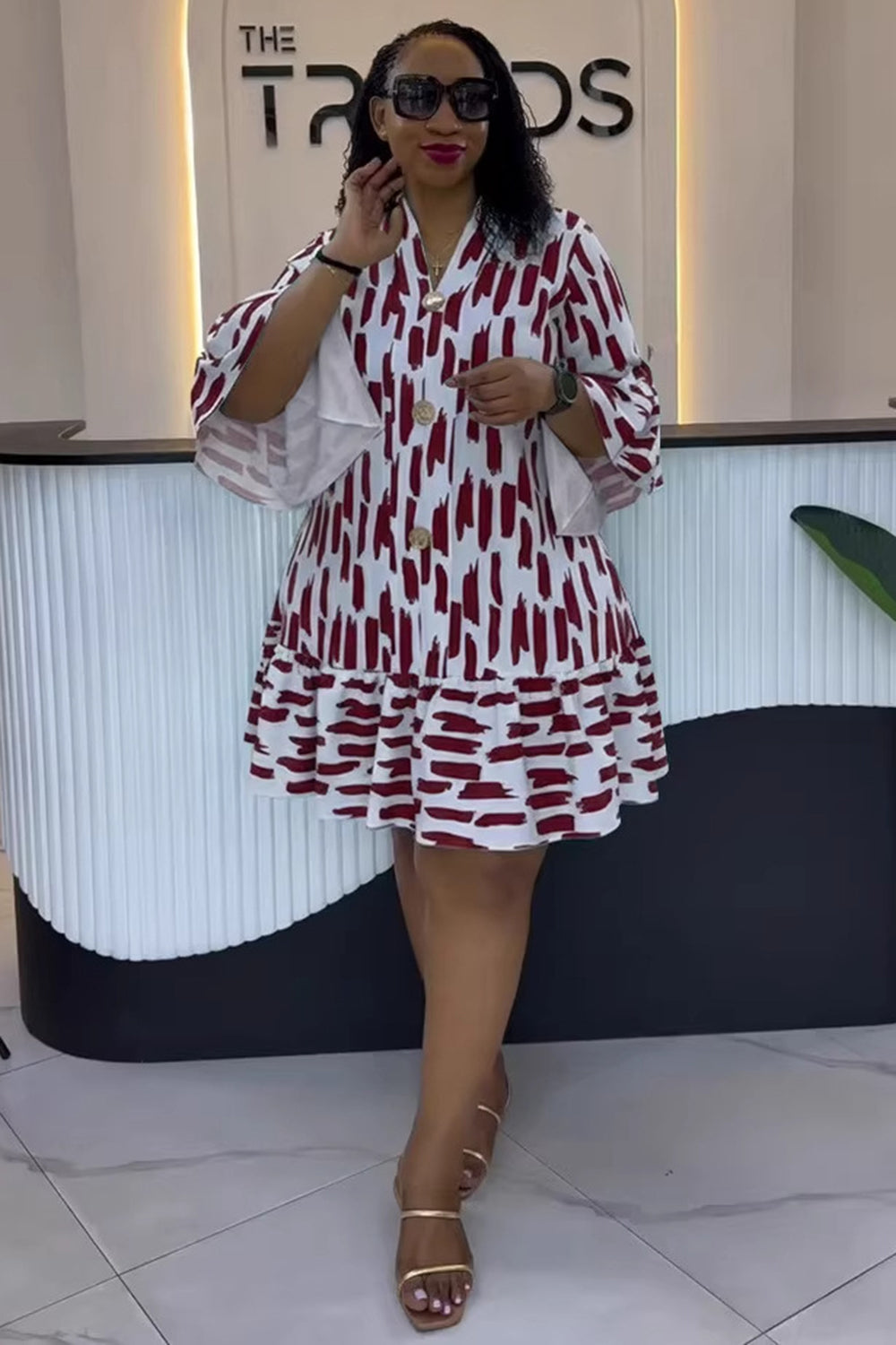 V Neck Flare Sleeve Ruffle All Over Print Loose Fit Mini Dresses-Burgundy