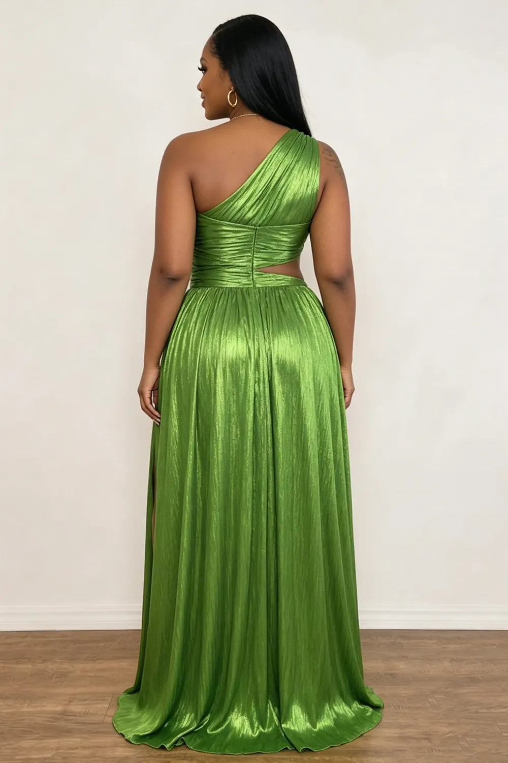 Skew Neck One Shoulder Cut Out Slit Metallic Evening Gowns Maxi Dresses-Green