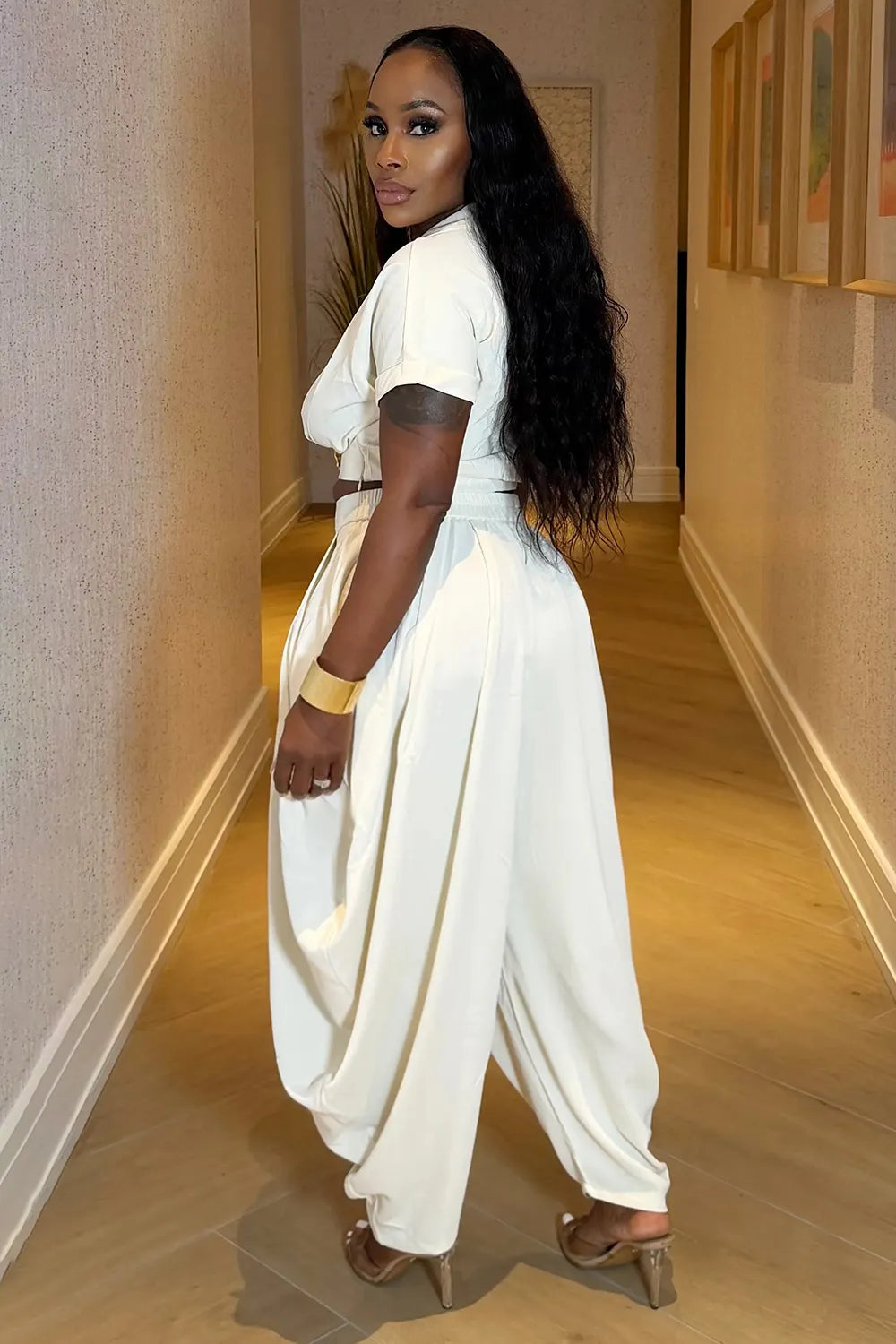 V Neck Short Sleeve Metal Decor Top Harem Pants 2pcs Set-White