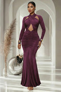 Cross Strap Front Cut Out Ruched Mermaid Evening Gowns Maxi Dresses-Burgundy