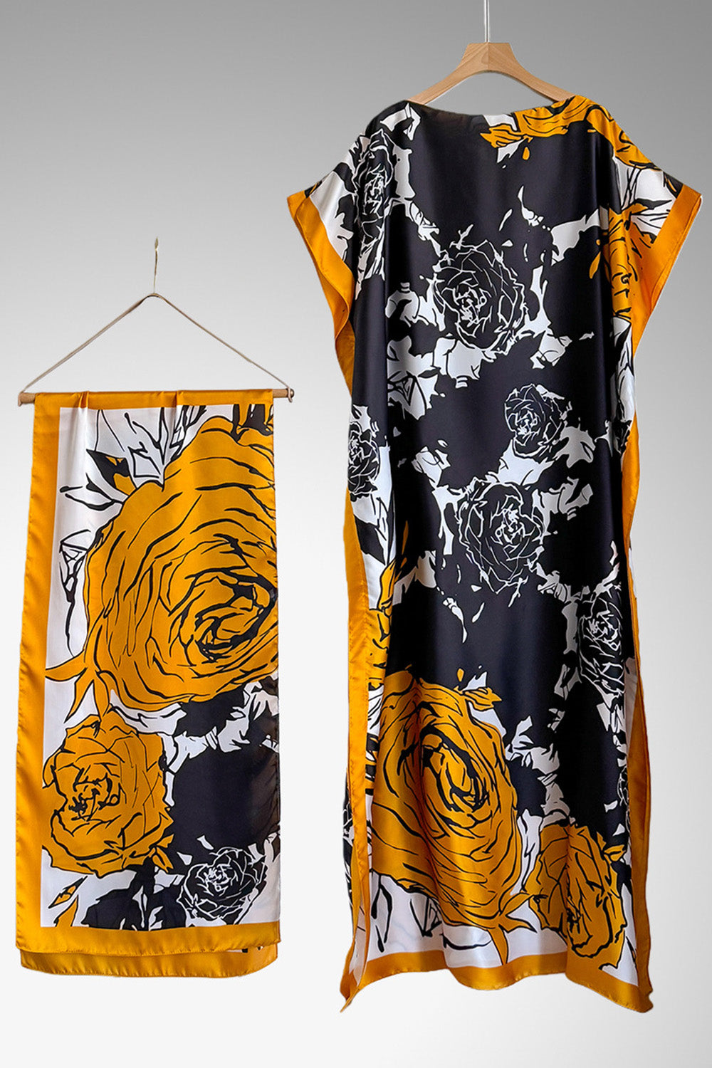 Graphic Print Scarf Boat Neck Kaftan Maxi Dresses Vacation 2pcs Set-Blue